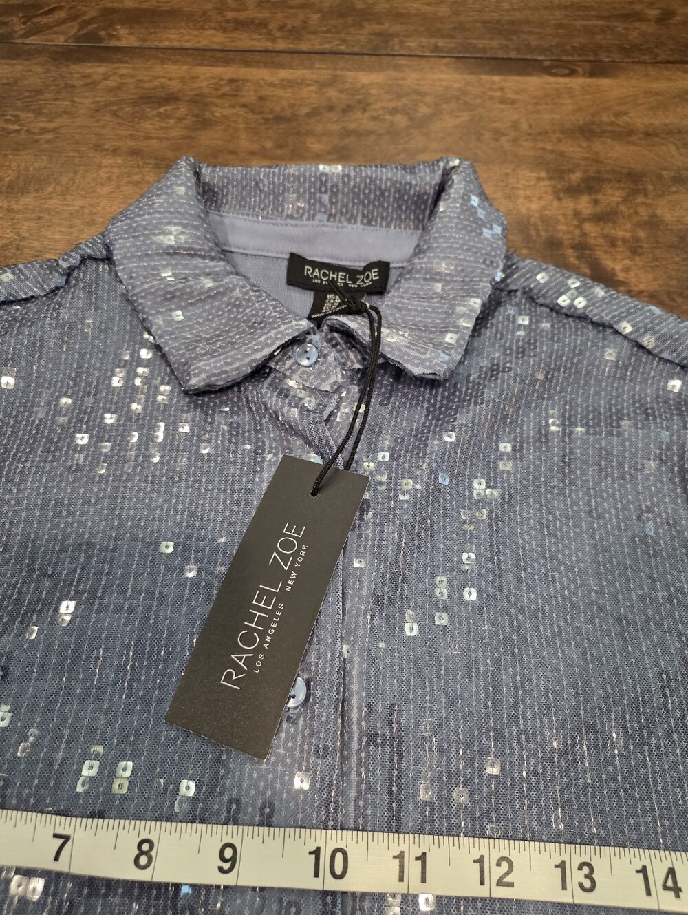 NWT Rachel Zoe Silver Blue Gray Sequin Button Shirt Jacket Medium - Picture 10 of 14